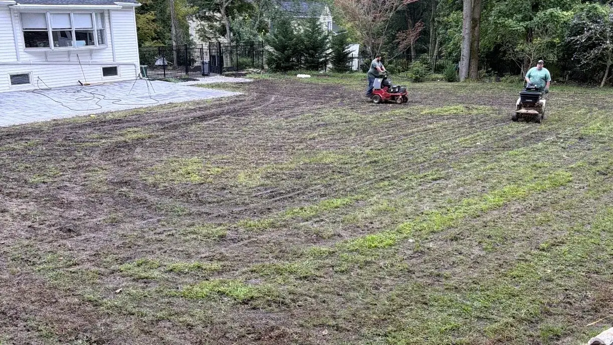 Two Lawn Doctor technicians power seeding a fully renovated backyard