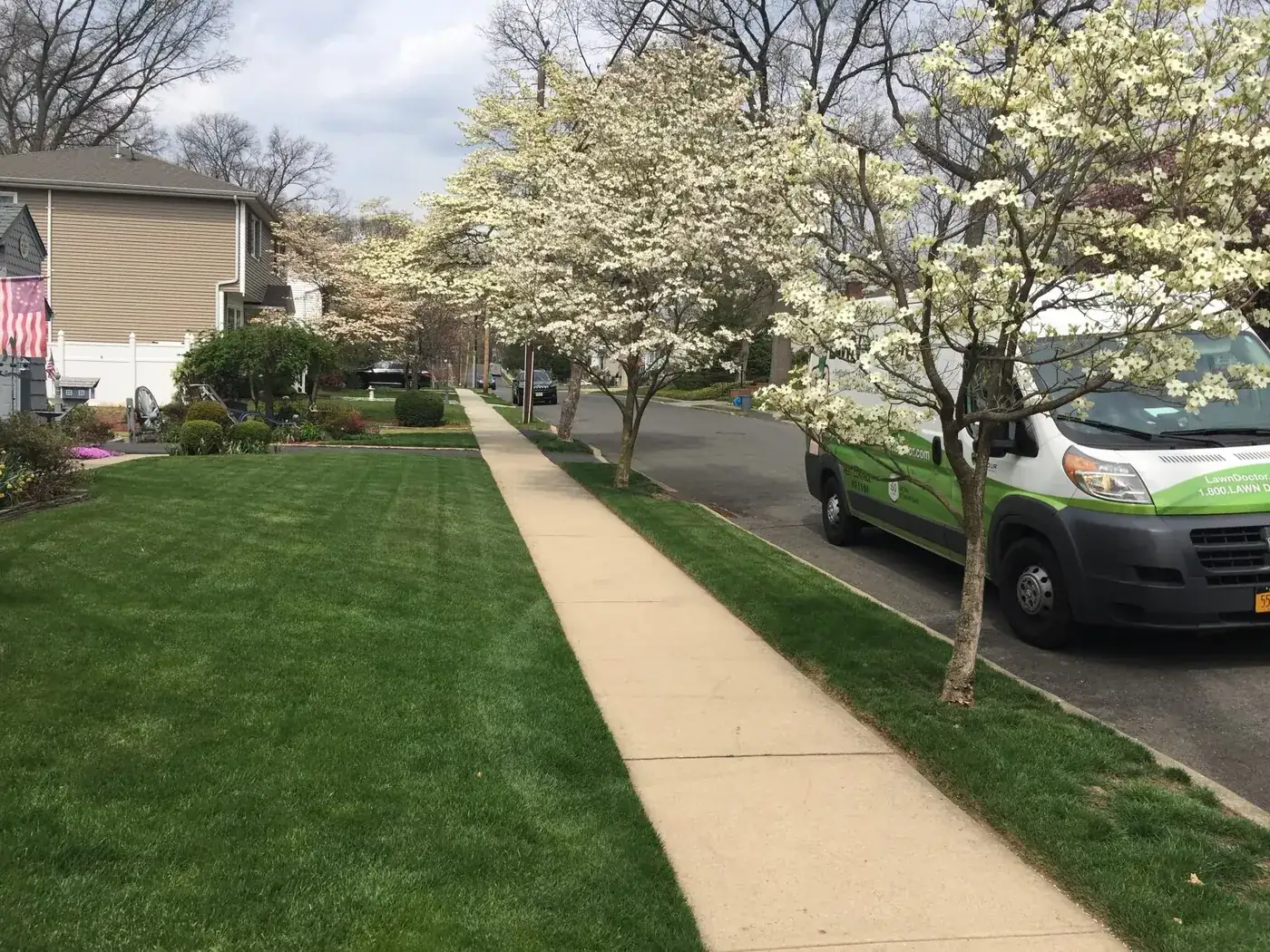 Lawn Doctor truck parked beside a freshly treated, striped front lawn on a customer’s street